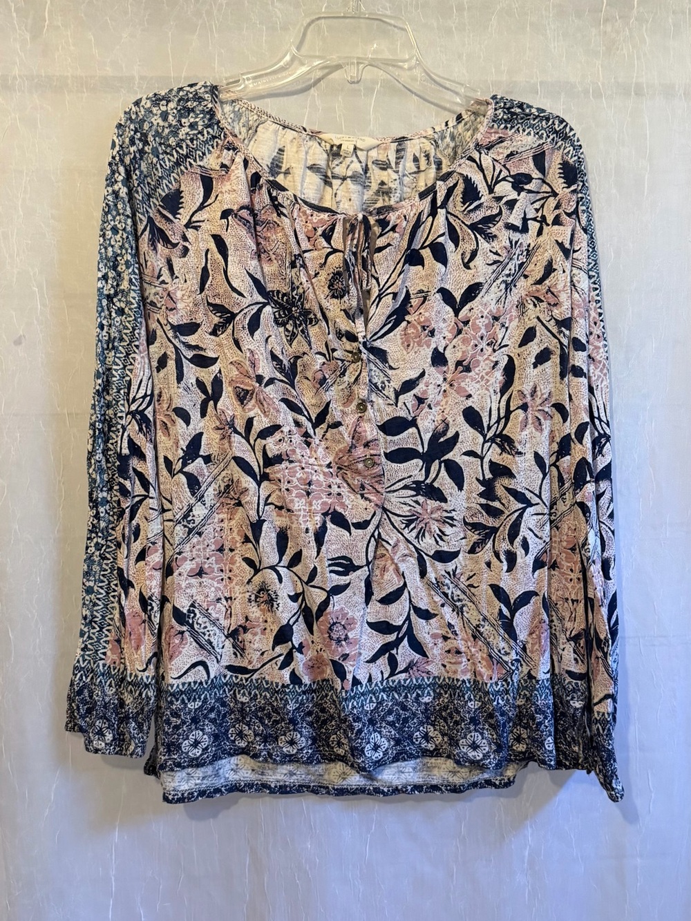 Lucky Brand Pink and Navy Floral Peasant Blouse